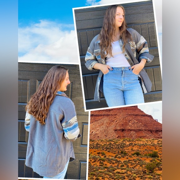 New boutique blue gray Aztec flannel shacket jacket - Picture 2 of 6